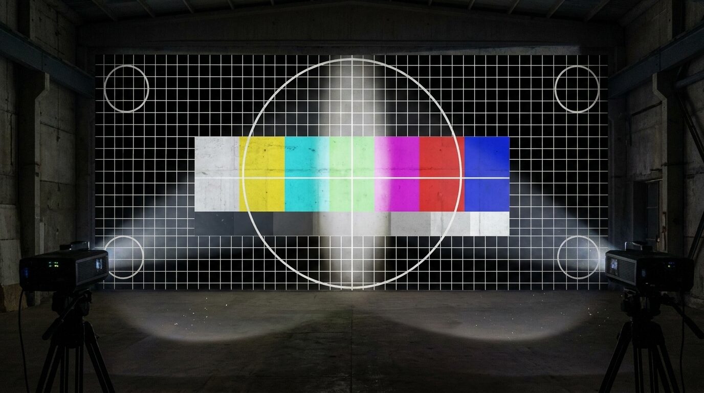 A single projector test card - grid, circle, and color bars - blended across a concrete warehouse wall by two projectors, with a brighter overlap zone down the center