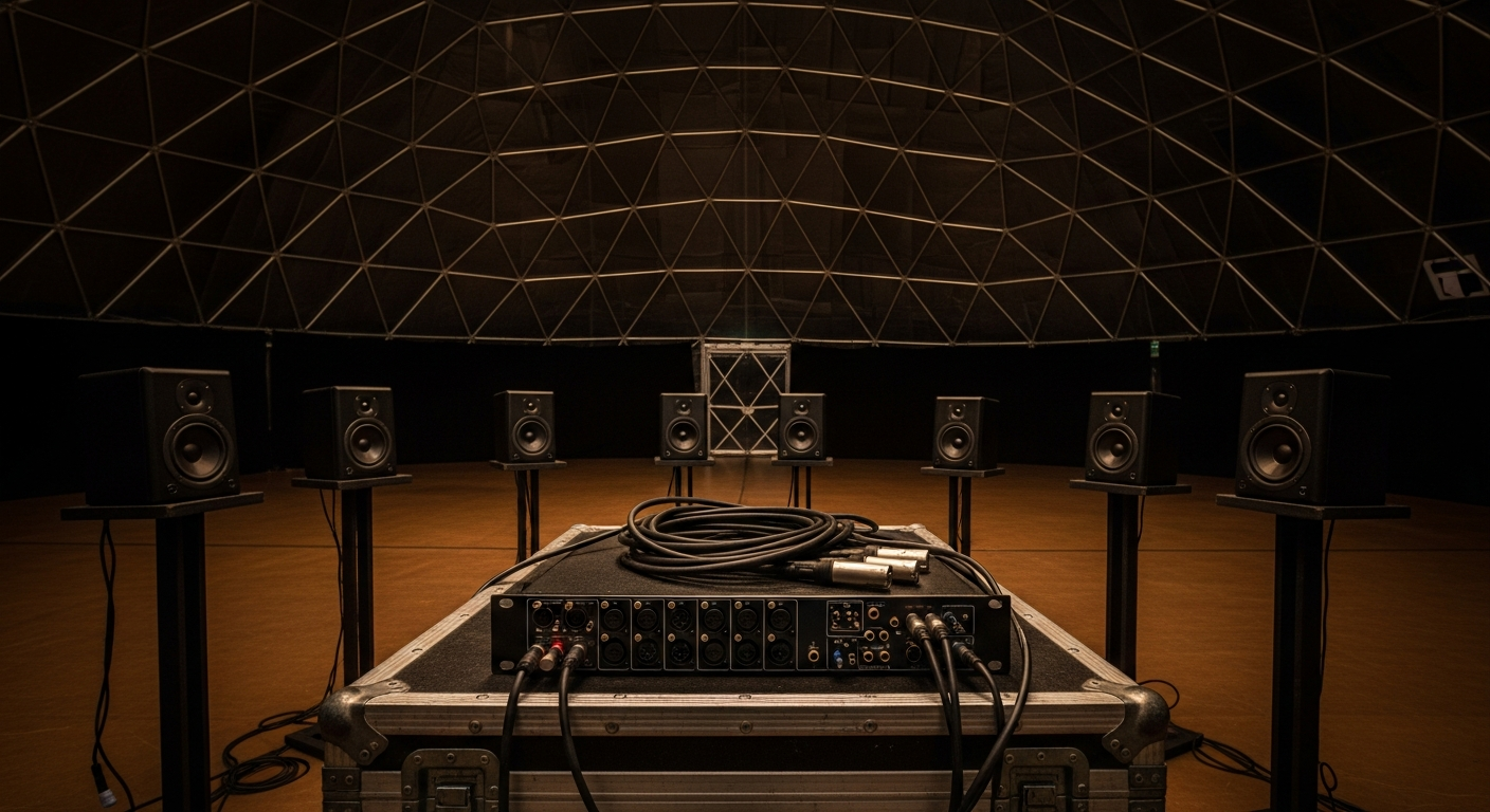 Studio monitors and a multichannel audio interface staged inside a geodesic projection dome during a spatial audio calibration session