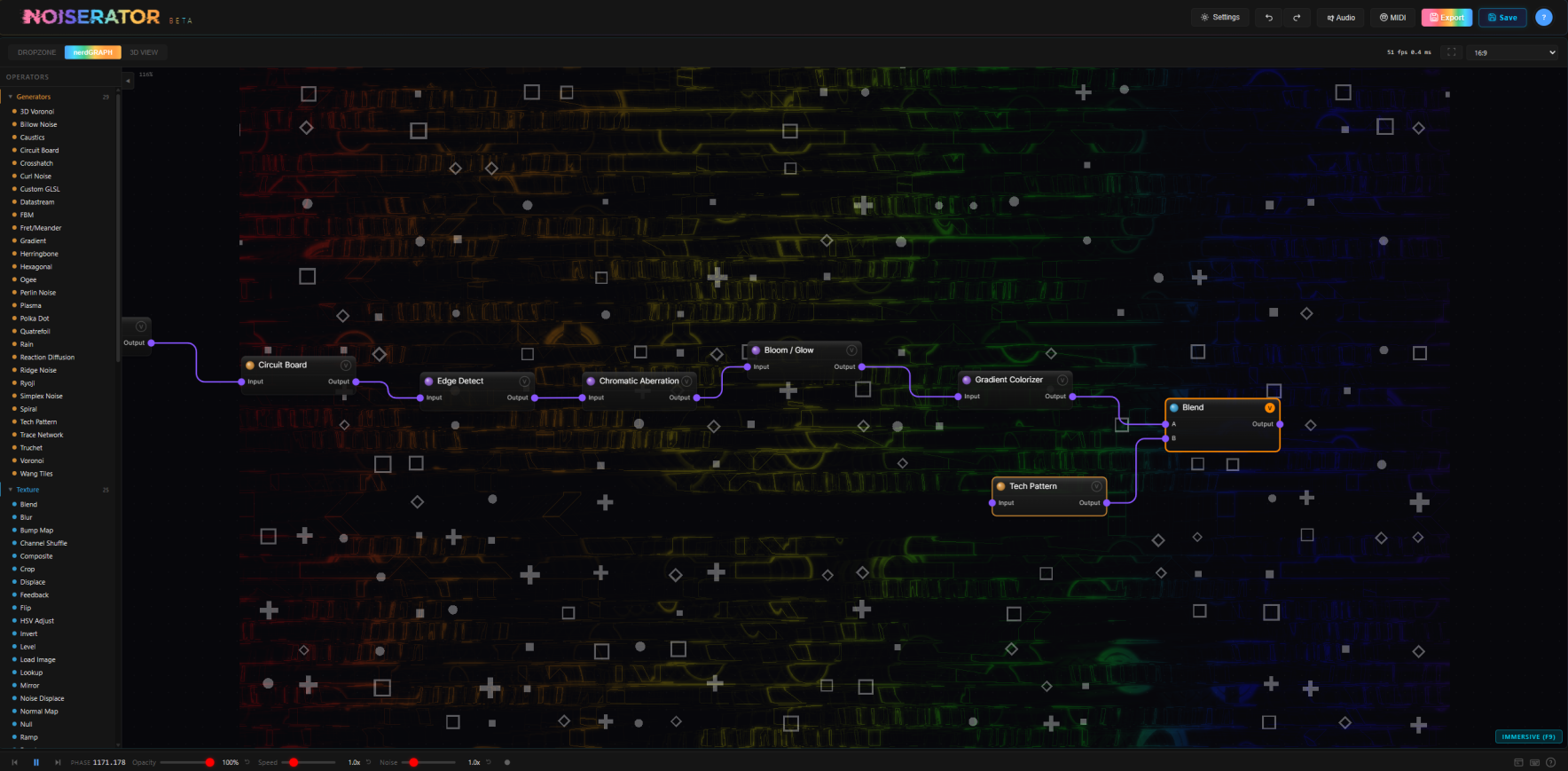 Noiserator node chain producing rainbow-gradient noise texture with edge detection and gradient colorize FX